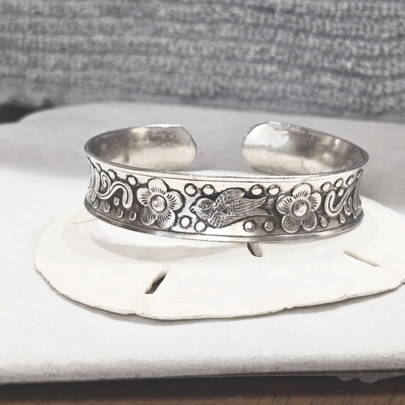 Floral Bird Cuff Bracelet Artisan-Created White Copper and Zinc Oxidized - Picture 4 of 11